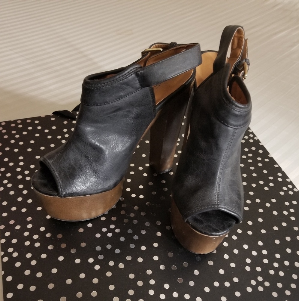 Black chunky back strap heels